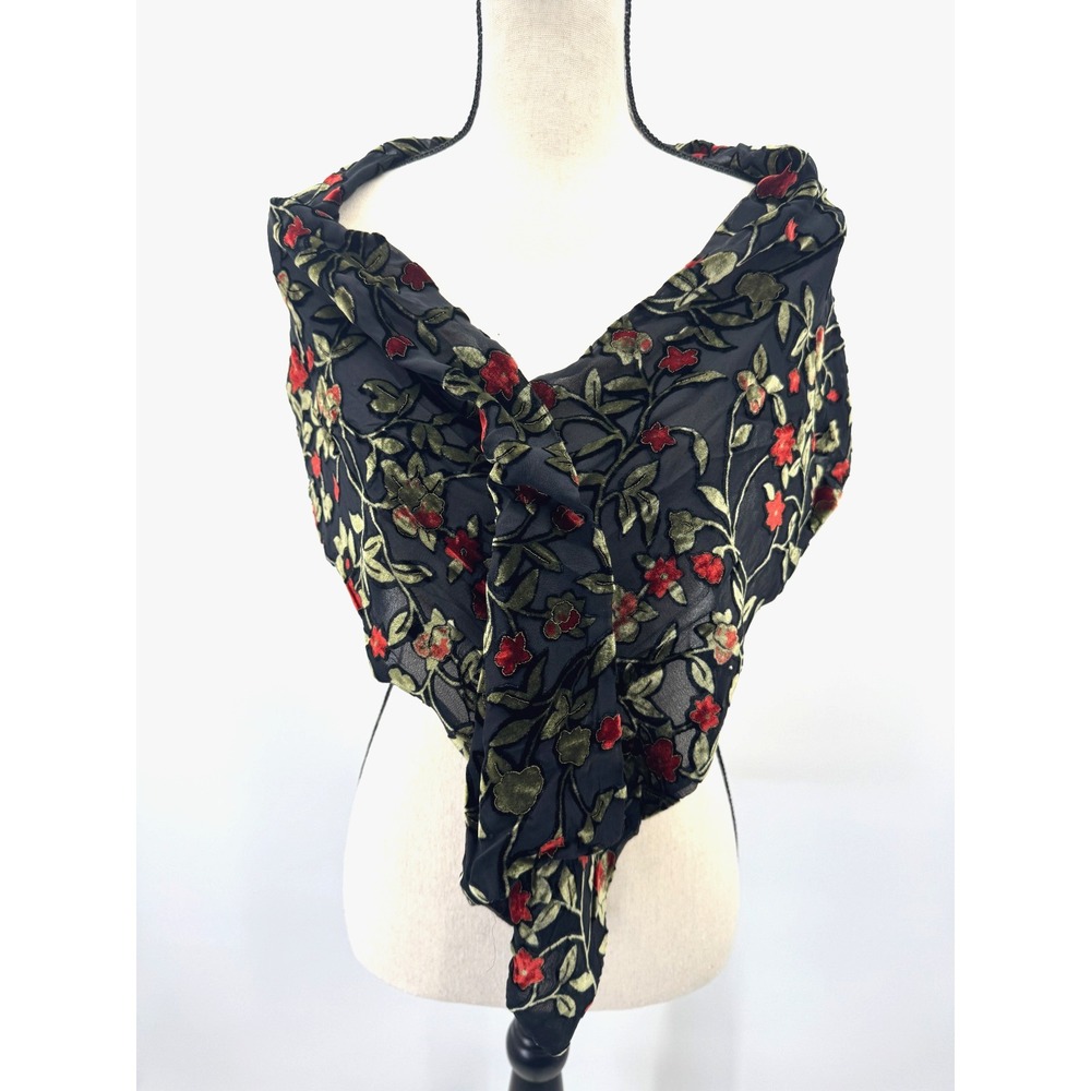 Whimsigoth Red Green Floral Velvet Burnout Scarf Wrap Shawl Dark Cottage 10"x59"